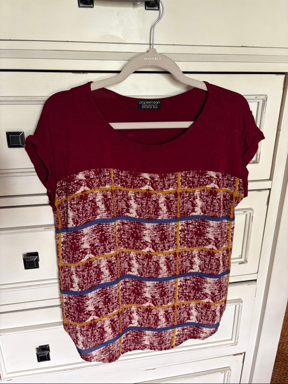 Papermoon Burgundy Plaid-Trim Short Sleeve Top